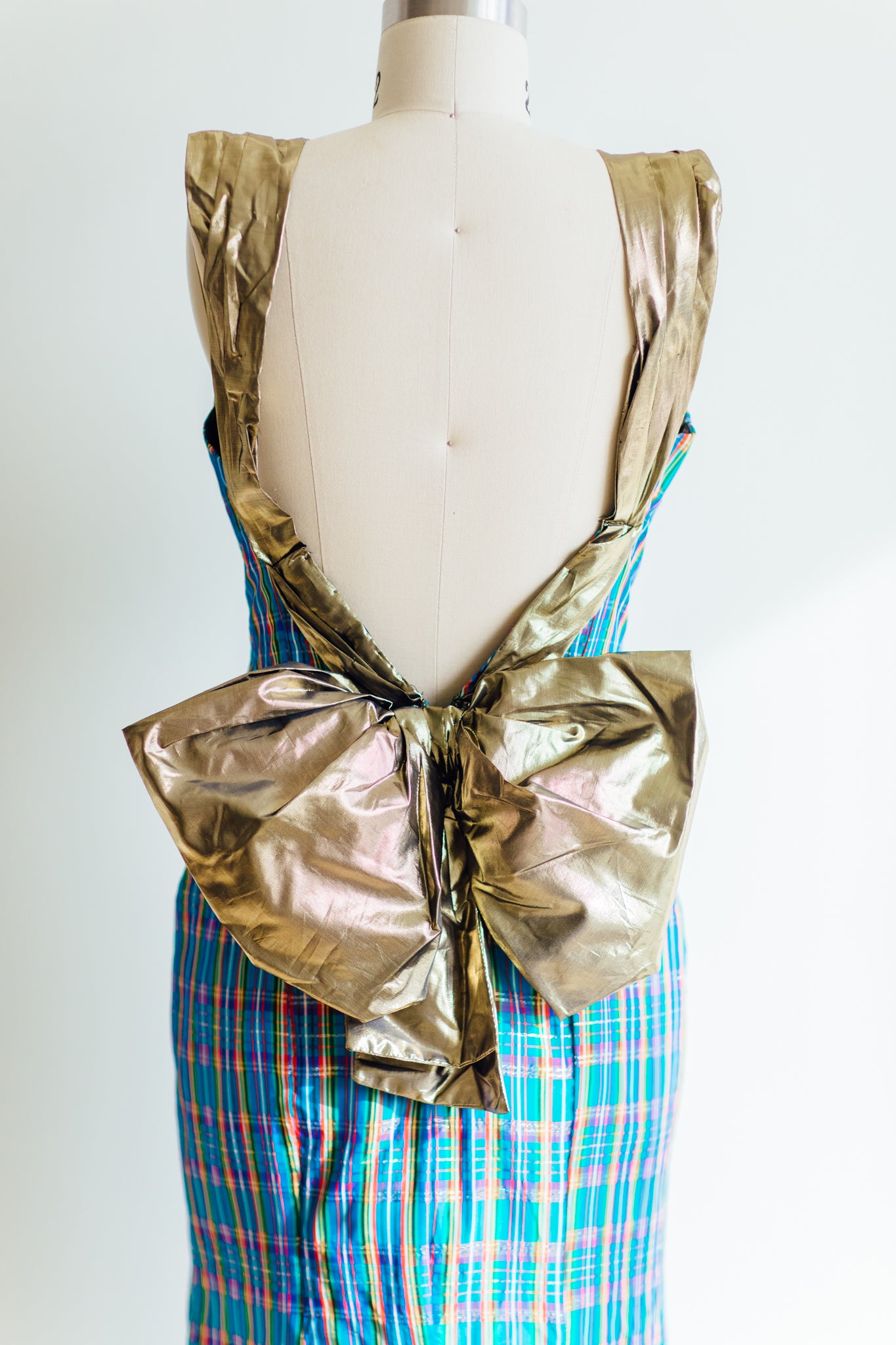 Taffeta Tartan Gown with Gold Bow