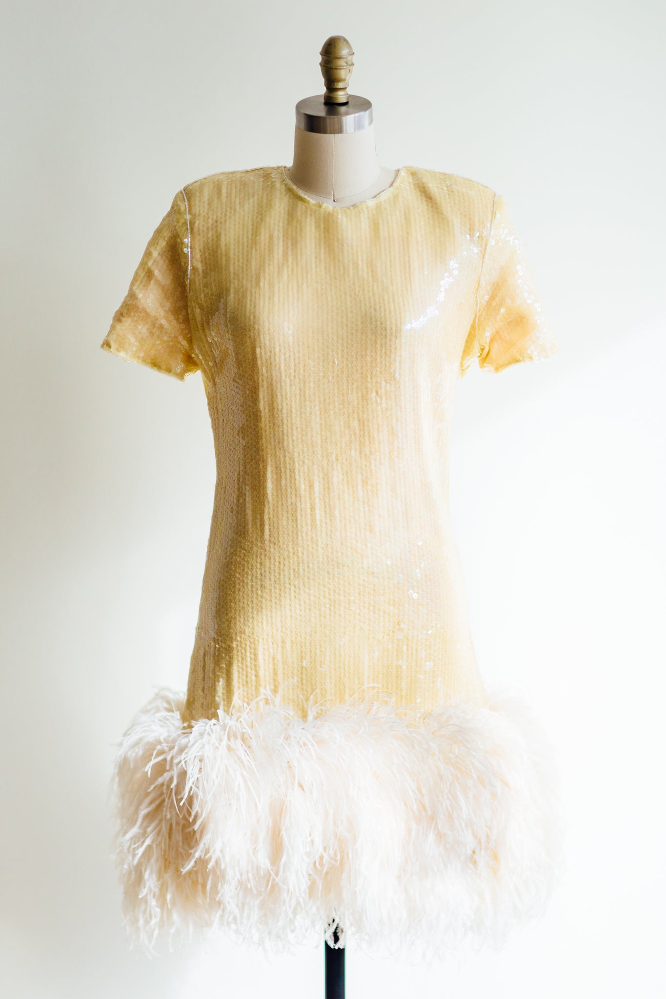 Victor Costa Yellow Sequin & Ostrich Feather Party Dress