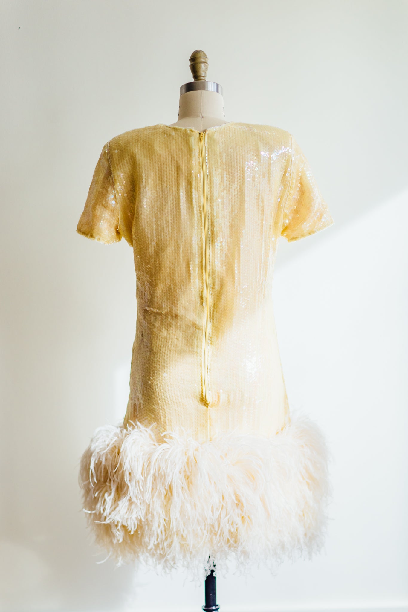 Victor Costa Yellow Sequin & Ostrich Feather Party Dress