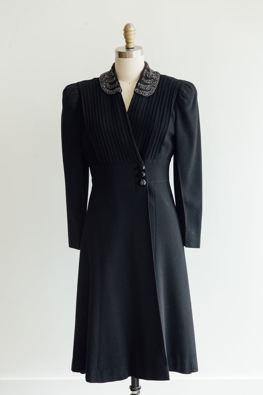 Hand-Beaded Black Embellished Collar Wrap Coat