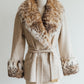 Saks Fifth Avenue Cream Fur and Tweed Belted Coat