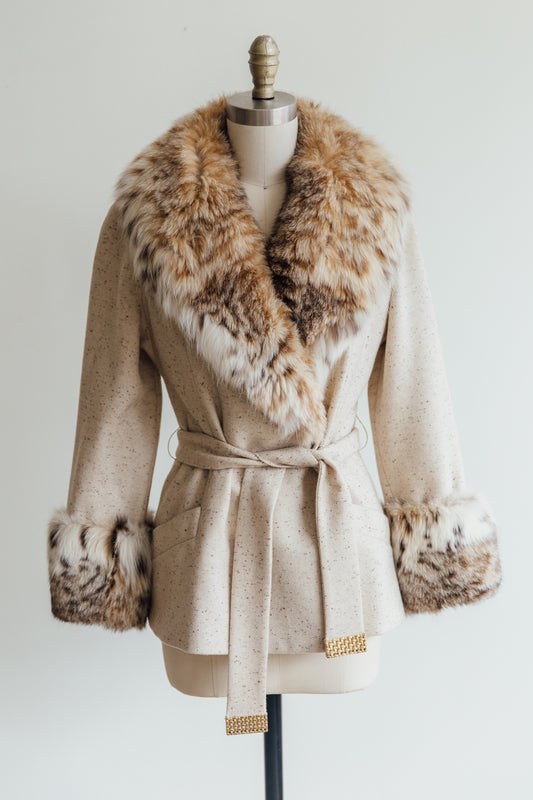 Saks Fifth Avenue Cream Fur and Tweed Belted Coat