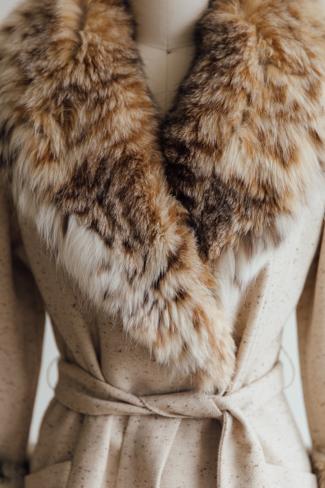 Saks Fifth Avenue Cream Fur and Tweed Belted Coat