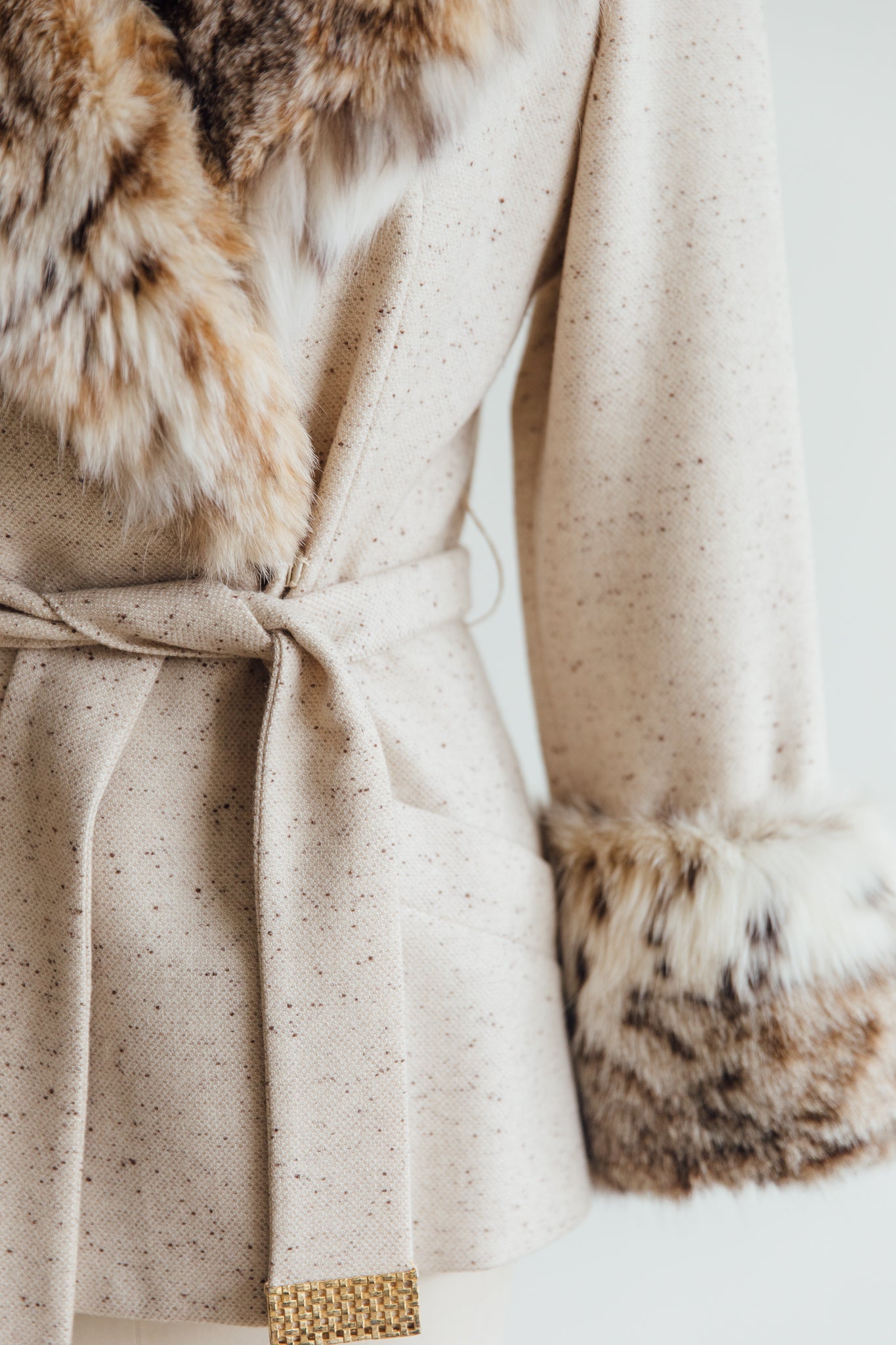 Saks Fifth Avenue Cream Fur and Tweed Belted Coat