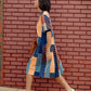 Navy and Orange Patchwork Drop-Waist Pleated Dress