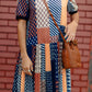 Navy and Orange Patchwork Drop-Waist Pleated Dress
