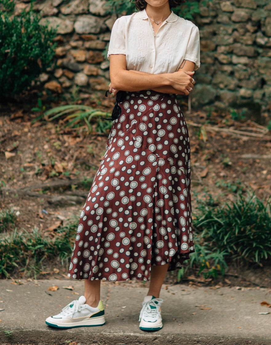 Maroon and White Polka Dot Asymmetrical Hem Silk Skirt