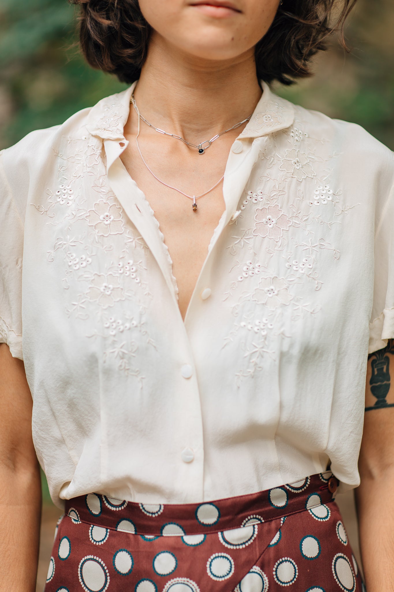 Cream Embroidered Short-Sleeve Button down