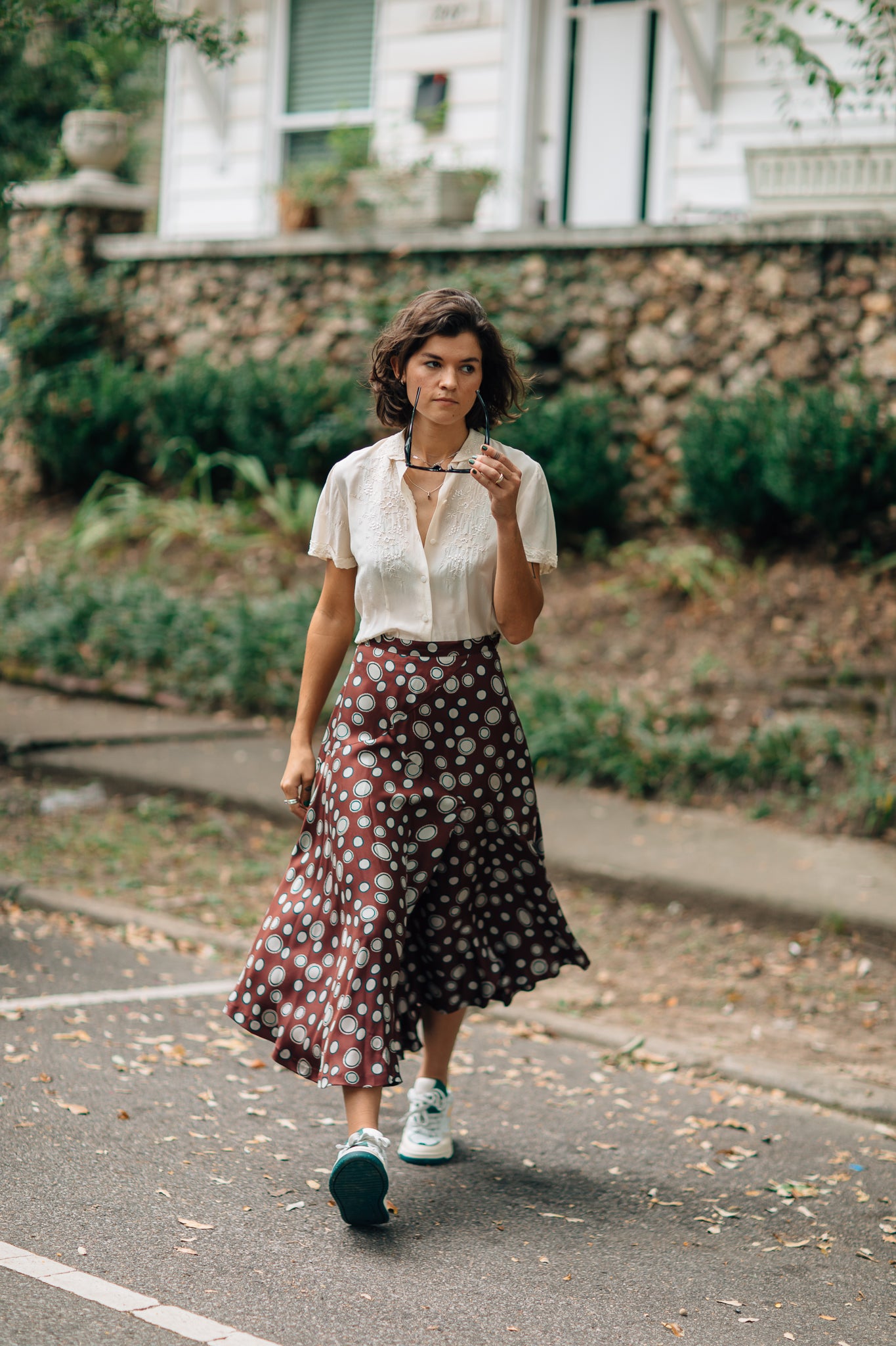 Maroon and White Polka Dot Asymmetrical Hem Silk Skirt