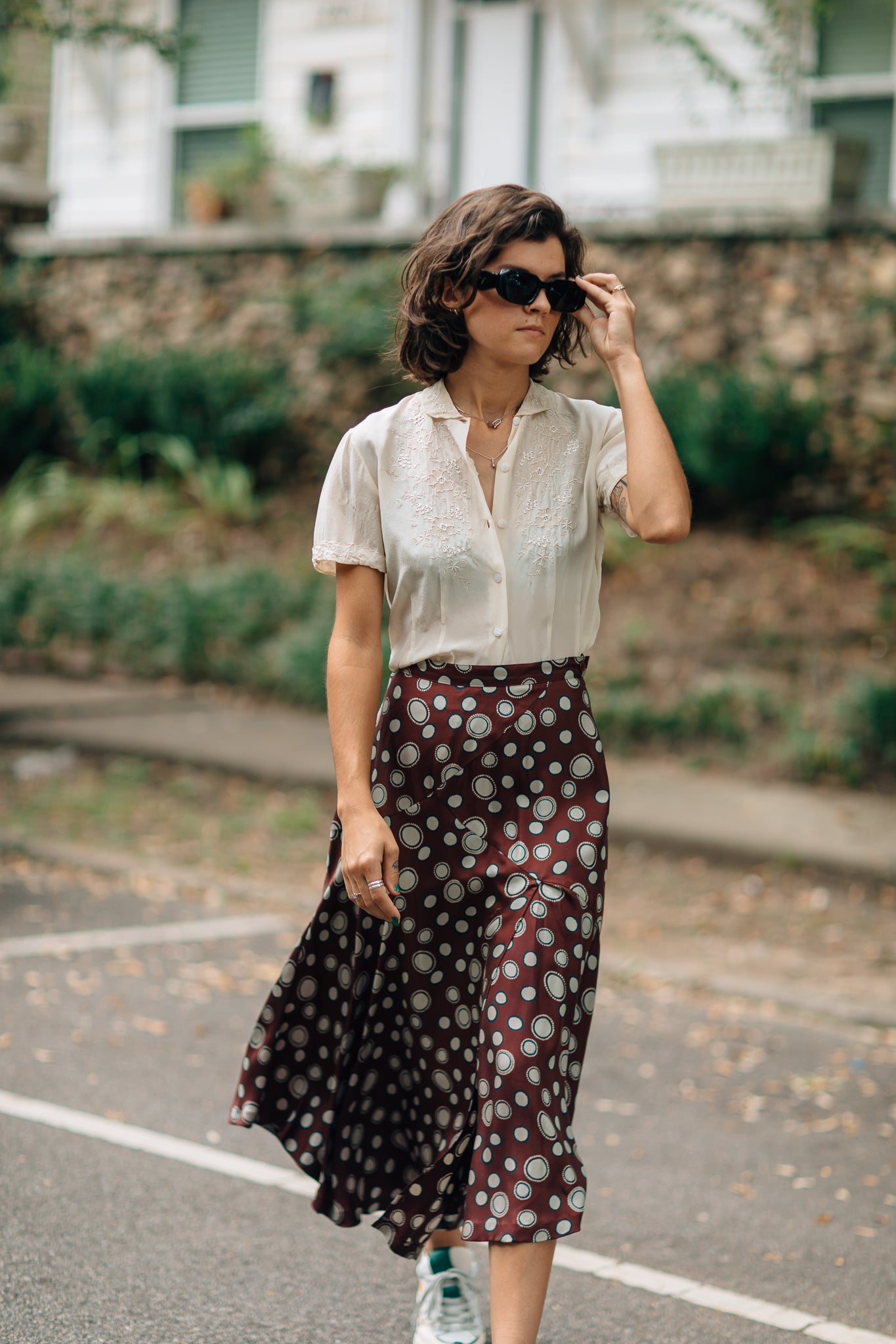 Maroon and White Polka Dot Asymmetrical Hem Silk Skirt
