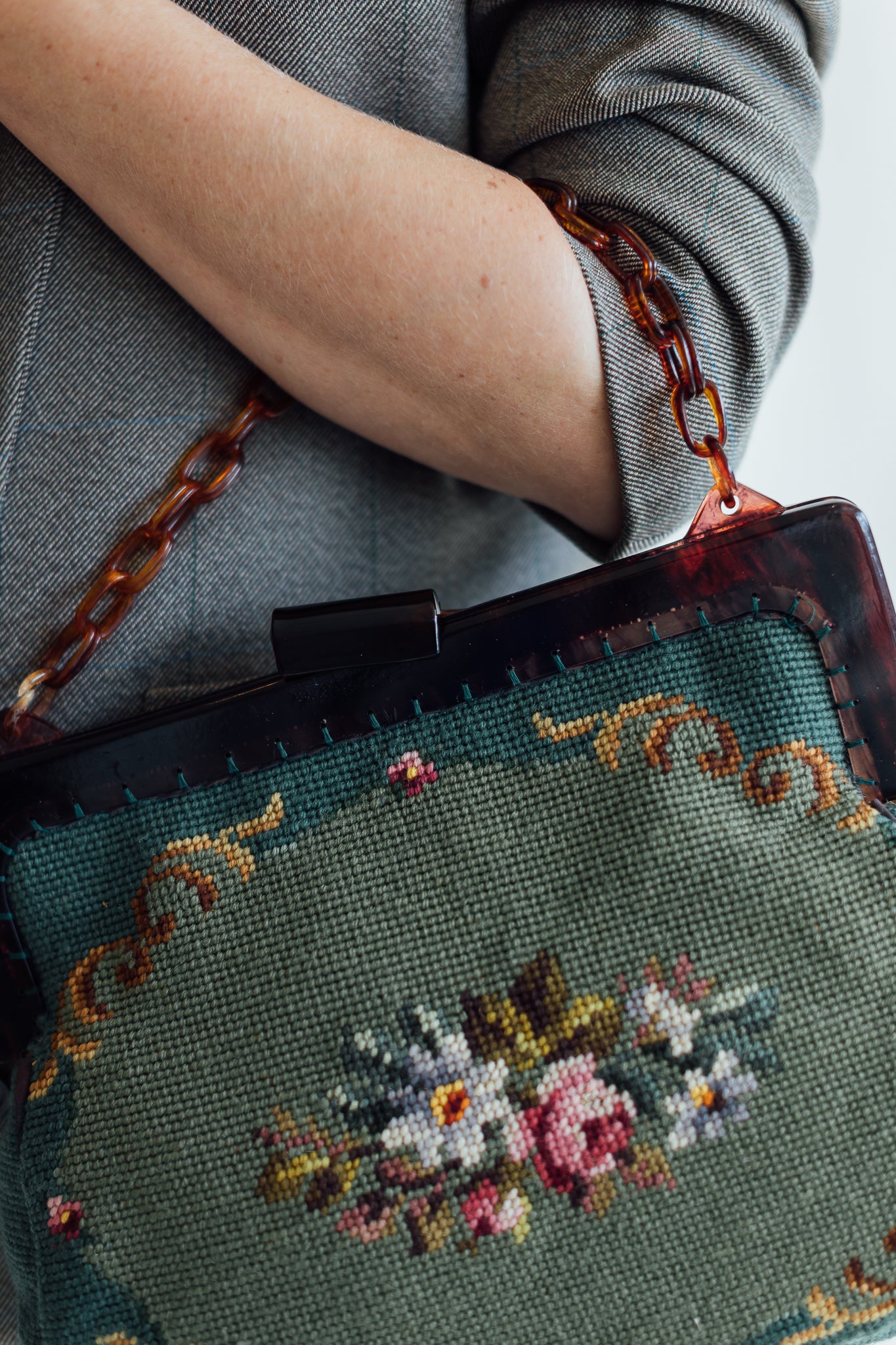 Green Needlepoint Shoulder Bag