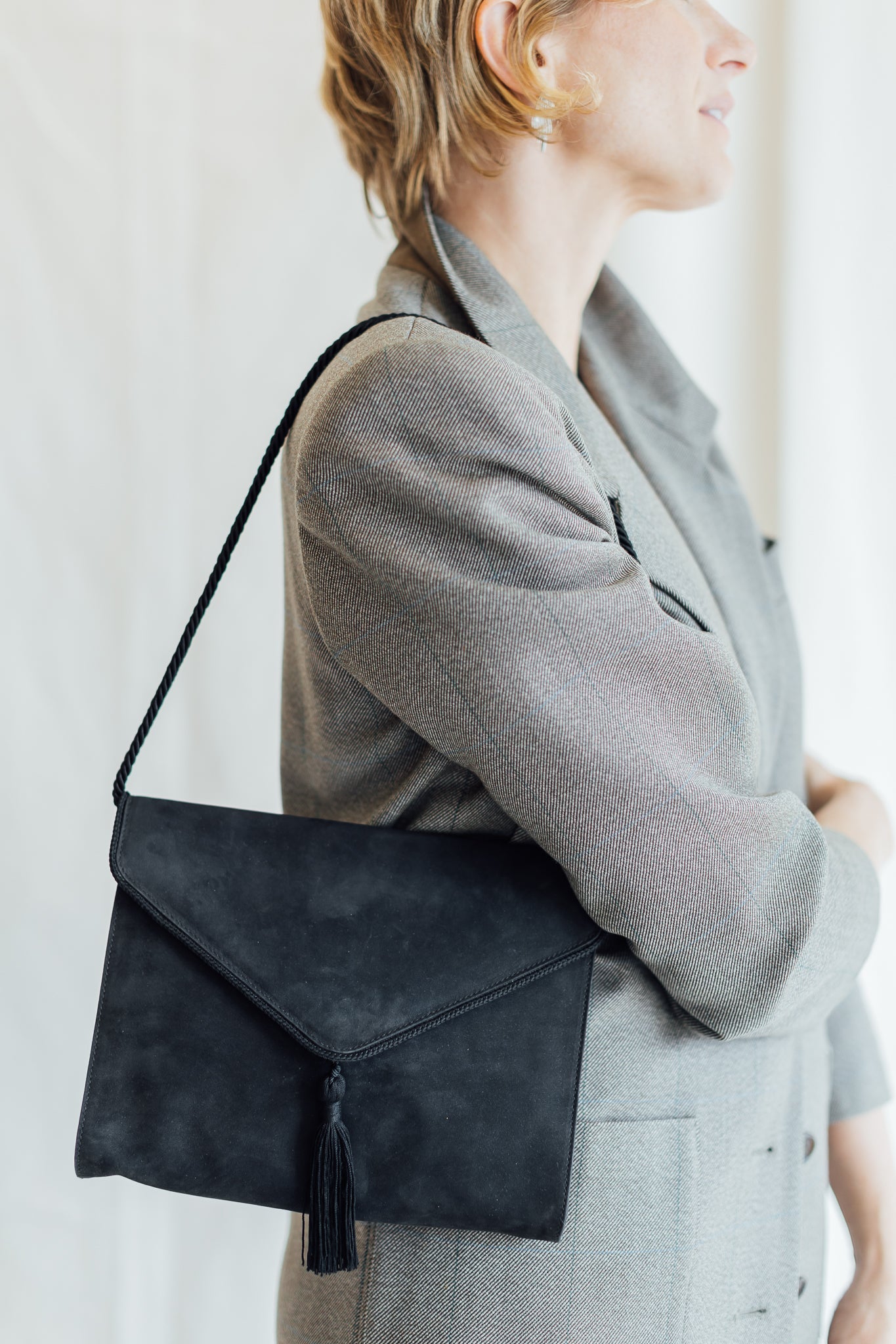 Black Suede Envelope Purse with Tassel