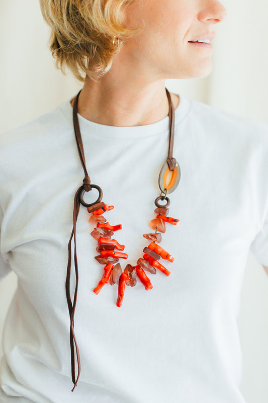 Red Coral Leather Necklace
