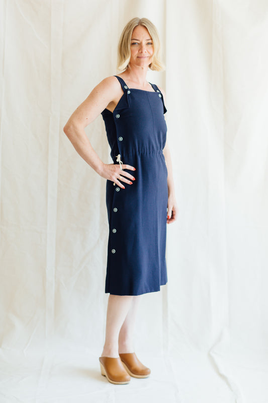 1970s Courrèges Navy Tie Cinch Waist Dress