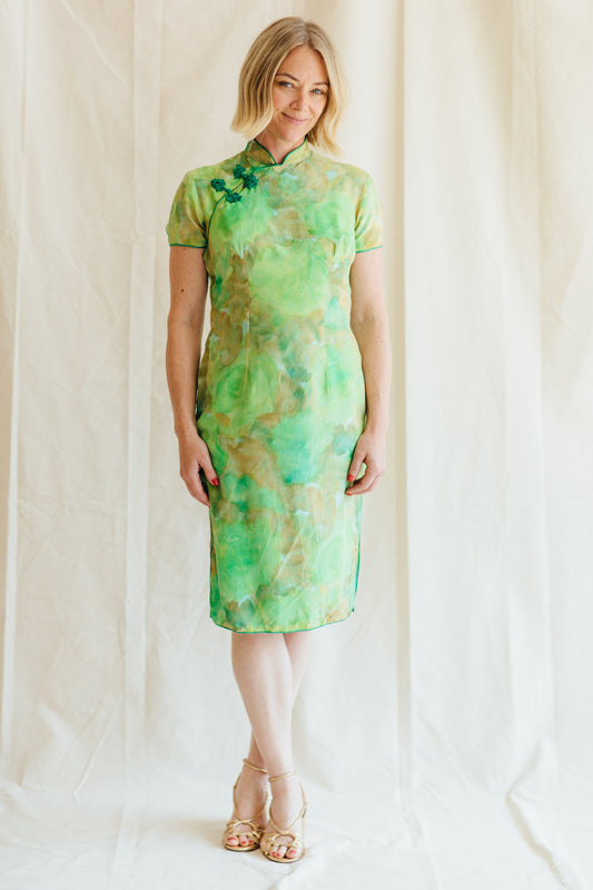 Green Abstract Cheongsam-Style Silk Dress