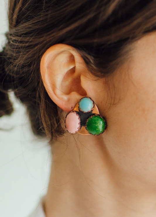 Turquoise, Pink, and Green Stone Clip On Earrings