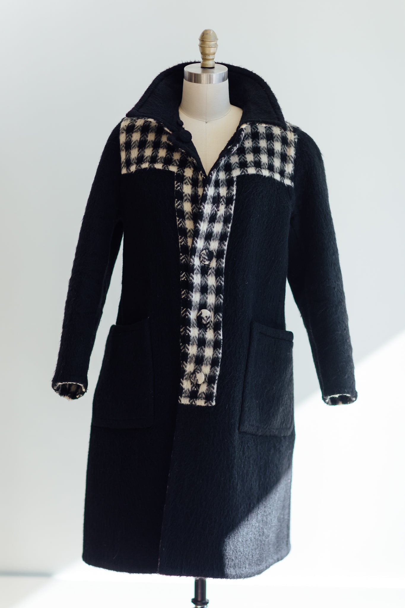 Black and White Check Reversible Mohair Coat
