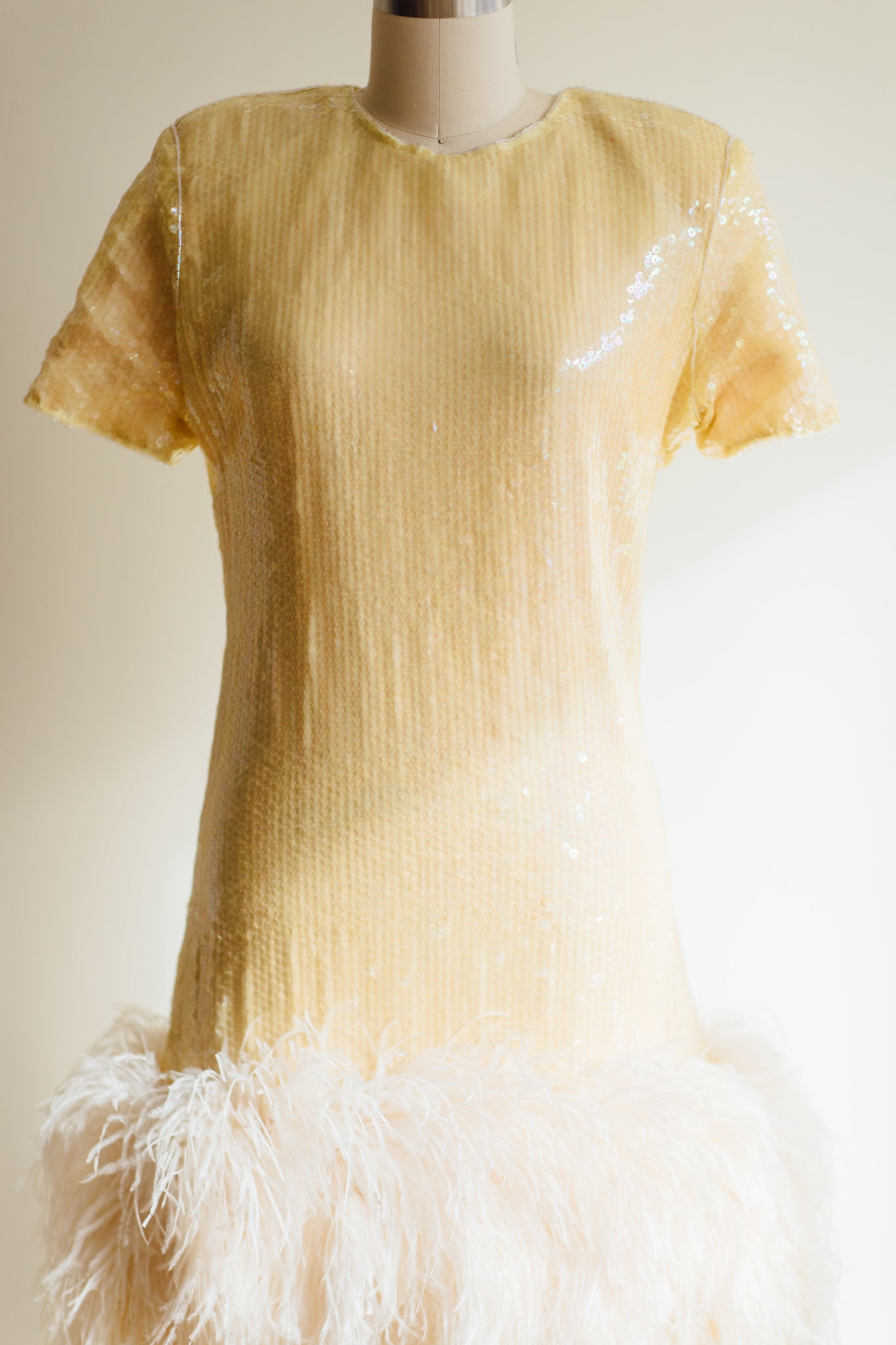 Victor Costa Yellow Sequin & Ostrich Feather Party Dress